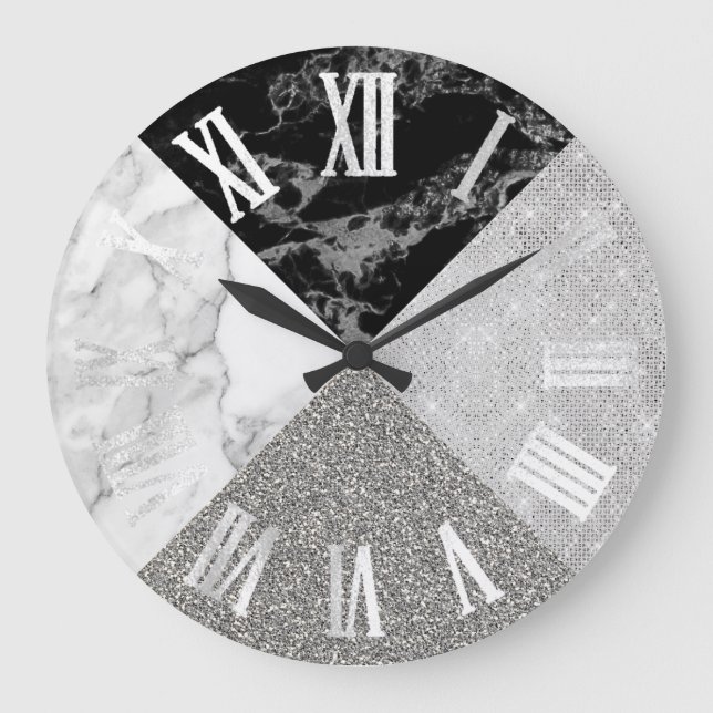 Marble Grått Silver Glitter Geometry Roman Numbers Stor Klocka (Framsida)