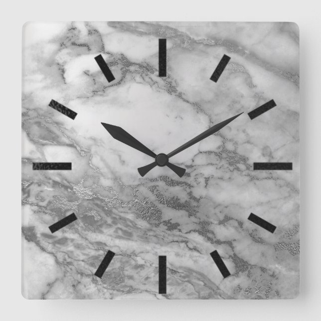 Marble Grått Silver Graphite Carrara Minimal Black Fyrkantig Klocka (Framsida)