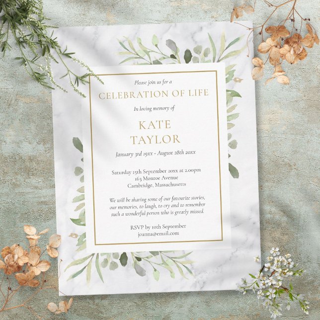 Marble Greenery Firande Av Liv Inbjudan (Marble Greenery Celebration of Life Invitation Postcard)
