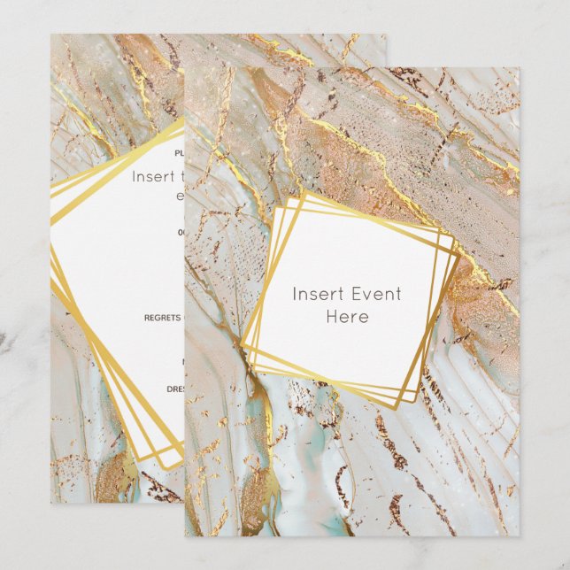 Marble guld blå orange aggar geometrisk ram inbjudningar (Fram/baksida)