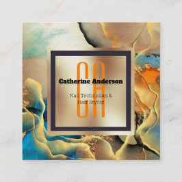 Marble guld blå orange bläck rökmonogram fyrkant fyrkantigt visitkort