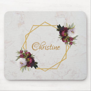 Marble Guld Burgundy Red Peonies Girly Namn Blommi Musmatta