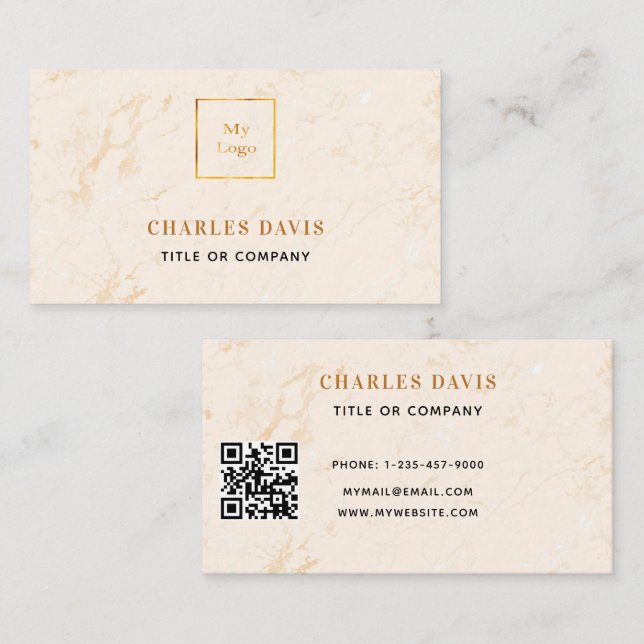 Marble guld elegant minimalist Qr-logotyp Visitkort (Fram/baksida)