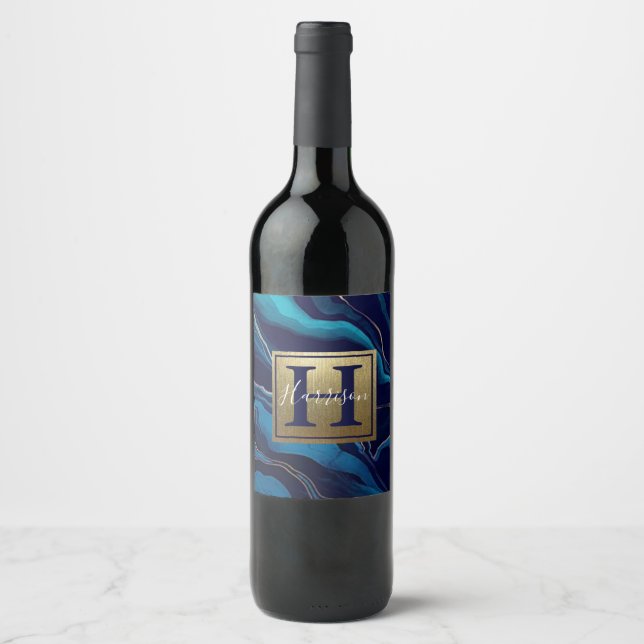 Marble Guld Namn och Monogram Vinflaska Etikett (Framsida)