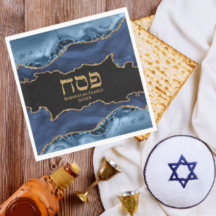 Marble Hebrew Pesach Napkin Blue Guld Agate Pappersservett