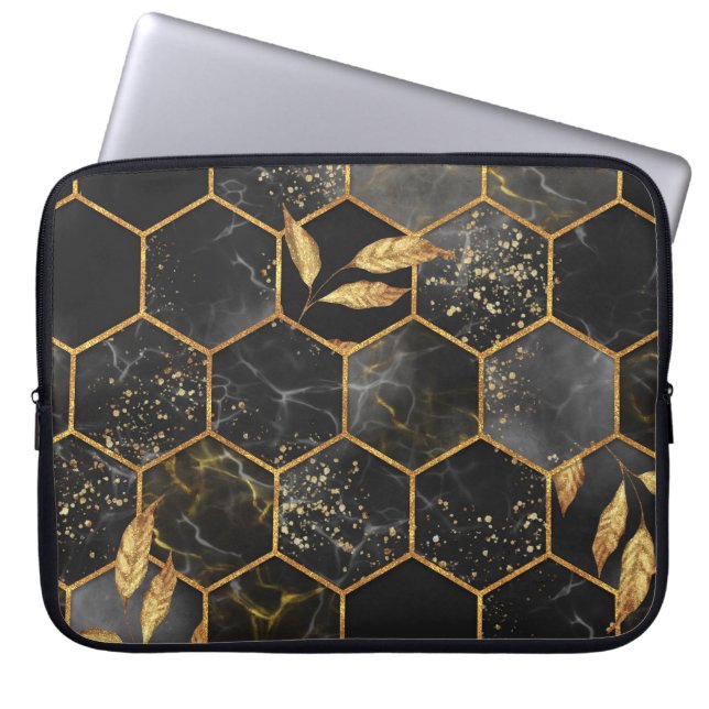 Marble Hexagon, Golden Lövs Struktur. Laptop Fodral (Framsidan)