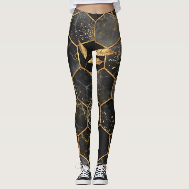 Marble Hexagon, Golden Lövs Struktur. Leggings (Framsida)