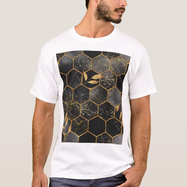 Marble Hexagon, Golden Lövs Struktur. T Shirt (Framsida)