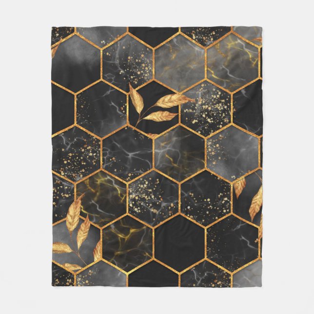 Marble hexagon seamless struktur med golden löv fleecefilt (Framsidan)