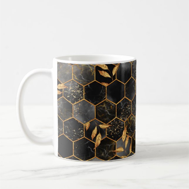 Marble hexagon seamless struktur med golden löv kaffemugg (Vänster)