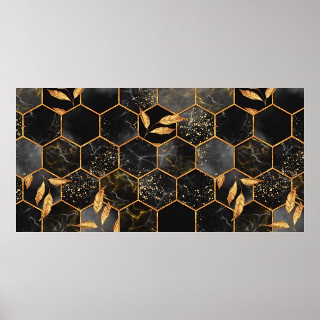 Marble hexagon seamless struktur med golden löv poster (Framsidan)