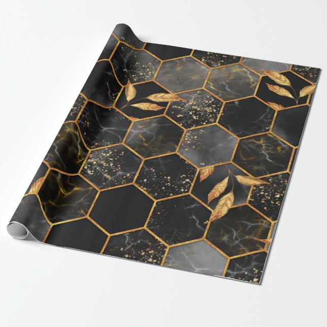 Marble hexagon seamless struktur med golden löv presentpapper (Utrullad)
