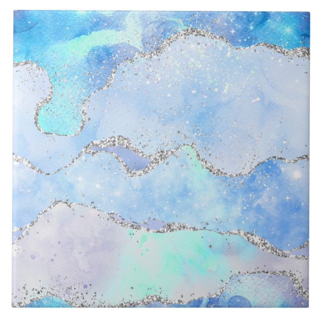 Marble Inspired Pastel Blue Silver Tile Kakelplatta (Framsidan)