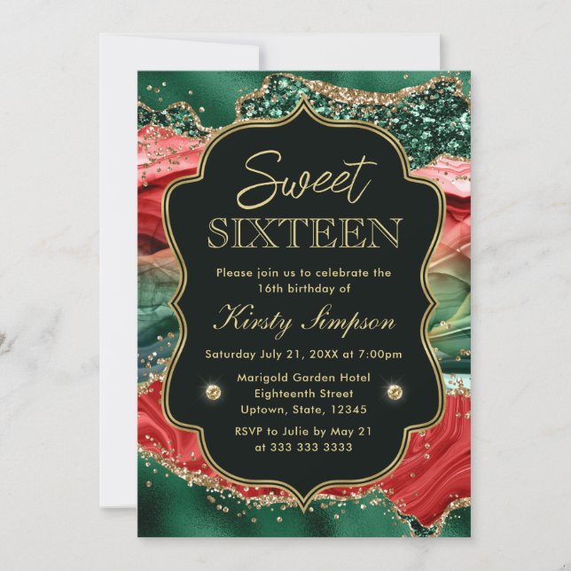 Marble julagate & Guld Glitter Sweet 16 Inbjudningar (Framsida)