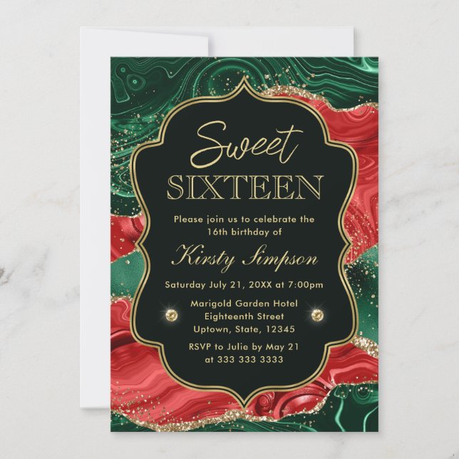 Marble julagate & Guld Glitter Sweet 16 Inbjudningar (Framsida)