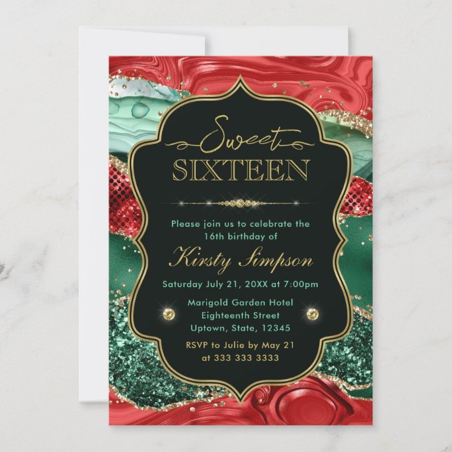 Marble julagate & Guld Glitter Sweet 16 Inbjudningar (Framsida)
