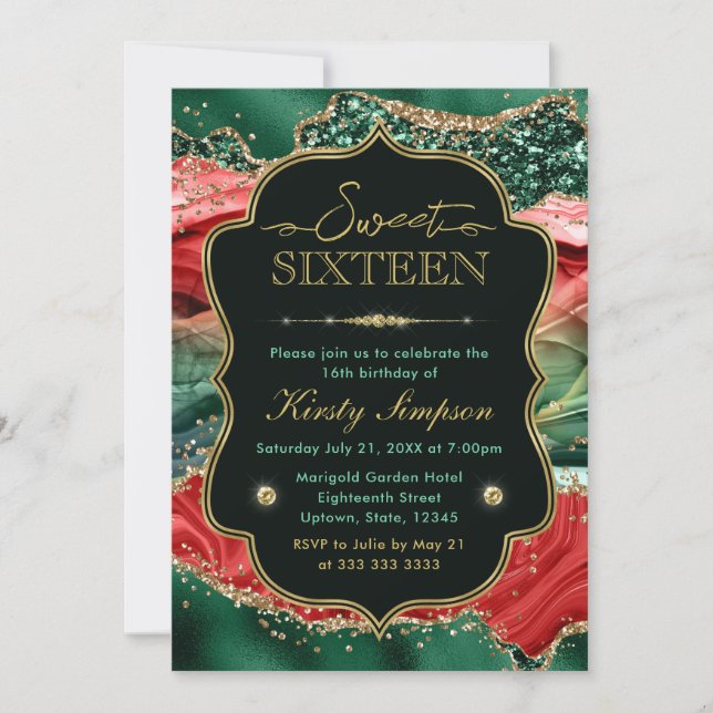 Marble julagate & Guld Glitter Sweet 16 Inbjudningar (Framsida)