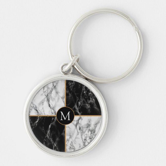 Marble Keychain för svartvit kontroll - din Brev Rund Silverfärgad Nyckelring (Framsidan)