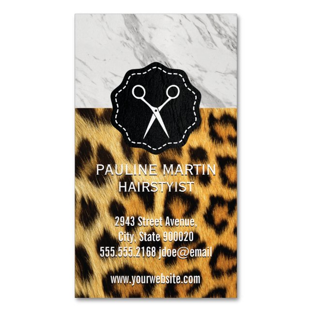 Marble | Leopard Tryck Stylist Magnetiska Visitkort (Framsida vertikal)