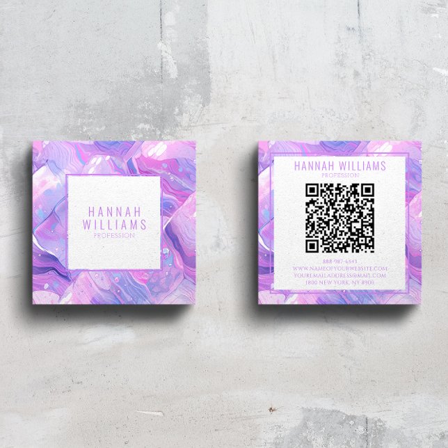 Marble Lila Rosa Agate QR Code Girly Trendig Fyrkantigt Visitkort (Skapare uppladdad)