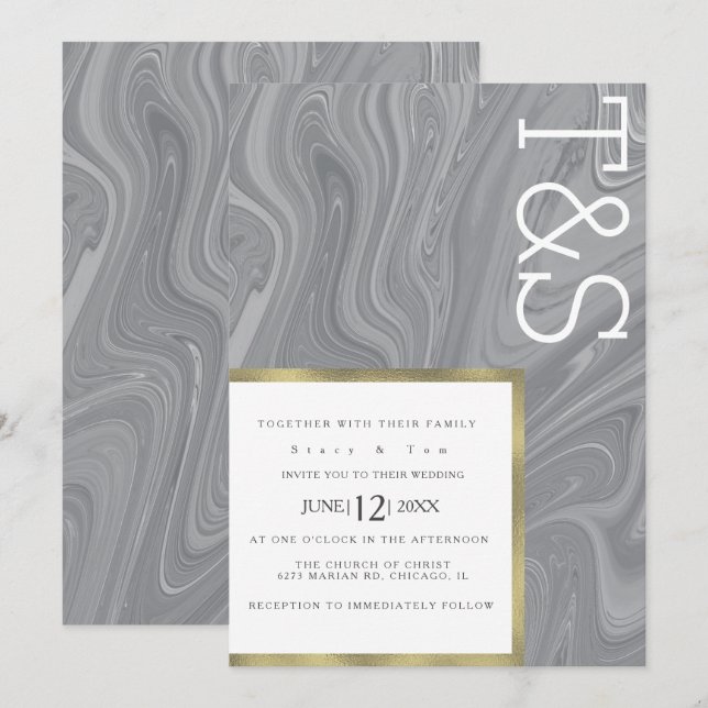 Marble Liquid Gray Agate Typografi Bröllop Inbjudningar (Fram/baksida)