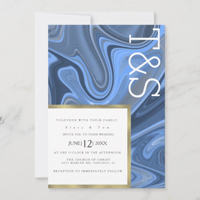 Marble Liquid Navy Blue Guld Typography Bröllop Inbjudningar (Framsida)