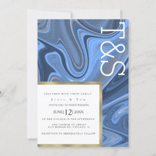 Marble Liquid Navyblå Guld Typografi Bröllop Inbjudningar