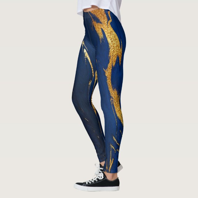 Marble Minimal Abstrakt Blue Navy Cobalt Guld Leggings (Vänster)