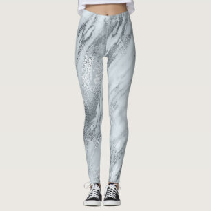 Marble Minimal Abstrakt Silver Grått Blue Leggings