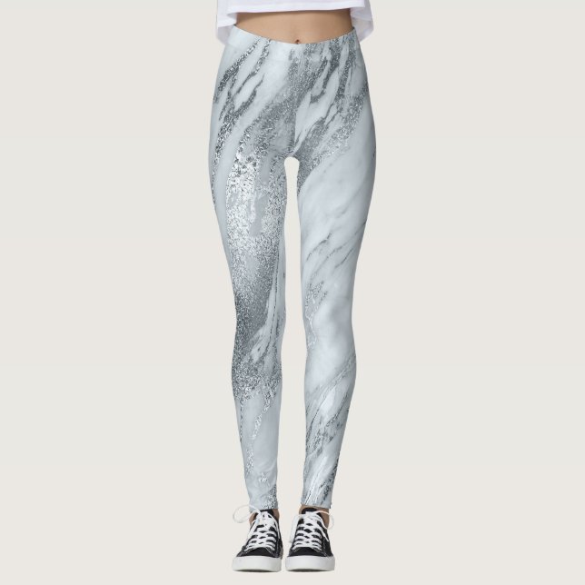 Marble Minimal Abstrakt Silver Grått Blue Leggings (Framsida)