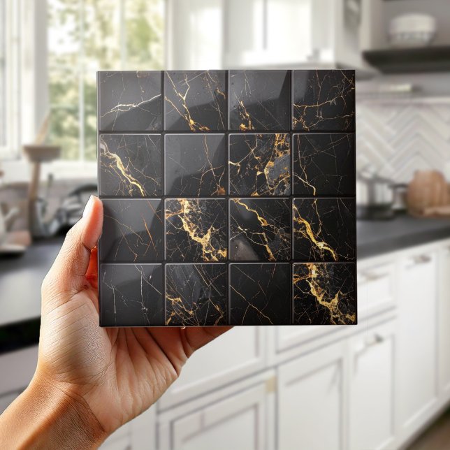 Marble Mix 4x4 rutor Svart/Guld ID1186c Kakelplatta (Skapare uppladdad)