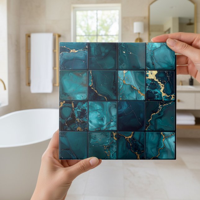 Marble Mix 4x4 rutor Teal ID1186c Kakelplatta (Skapare uppladdad)