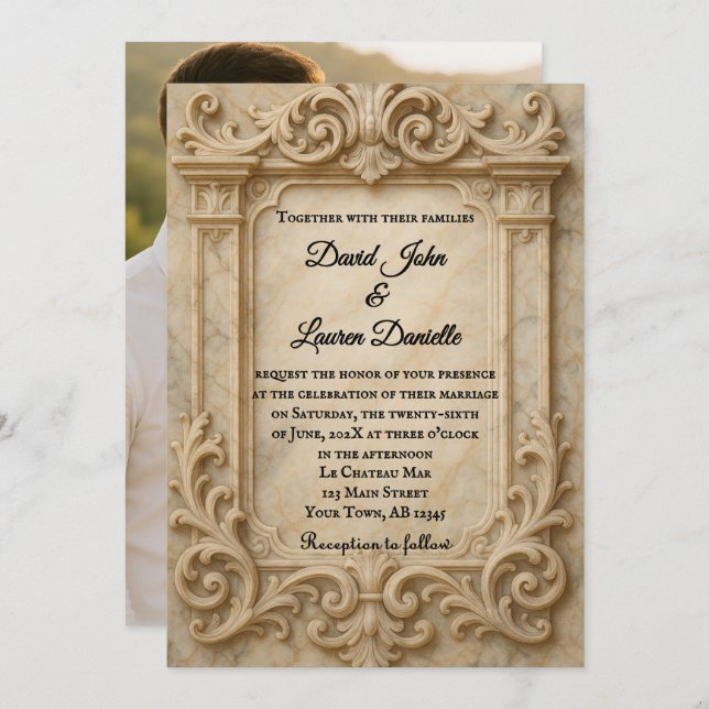 Marble Monarch Photo Wedding Invitation Inbjudningar (Fram/baksida)