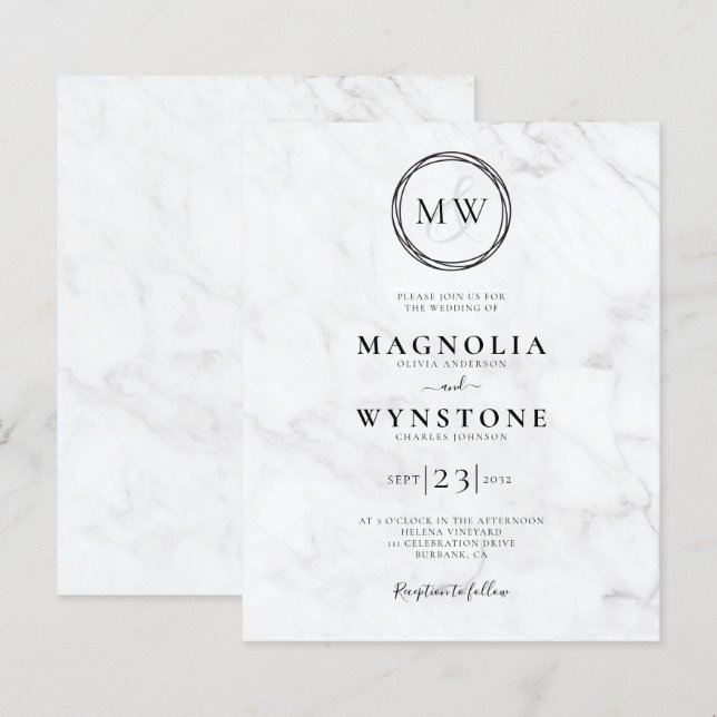 Marble Monogram bröllopsinbjudan för budgetElegant (Fram/baksida)