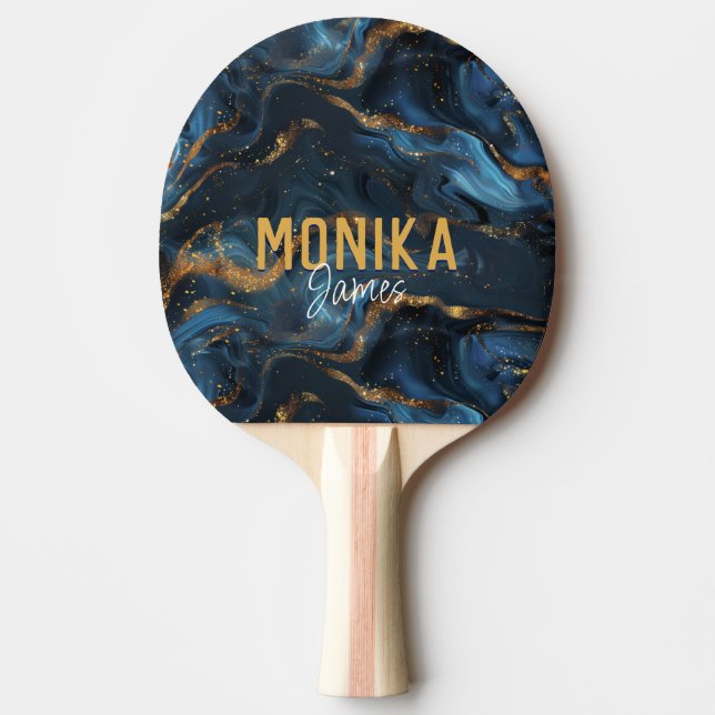 Marble Monogram för chic Blue Faux Guld Glitter Pingisracket (Framsidan)