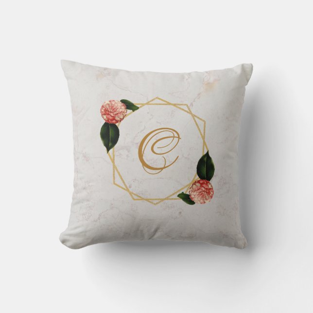 Marble Monogram Guld Rosa Camellia Blommigt Geomet Kudde (Framsida)