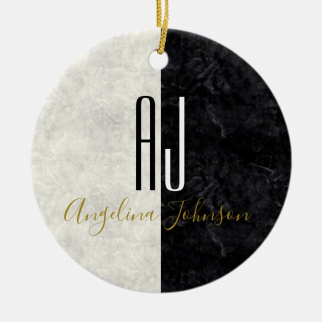 Marble Monogrammed Black and White Julgransprydnad Keramik (Framsidan)
