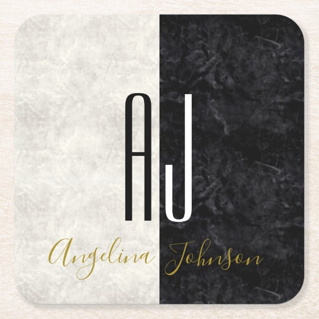 Marble Monogrammed svart och vit marmor Underlägg Papper Kvadrat (Framsidan)
