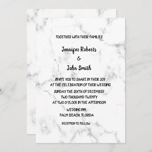 Marble Mönster Black and White Elegant bröllop Inbjudningar (Fram/baksida)