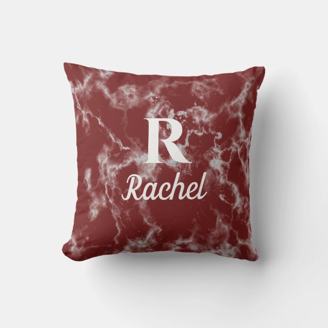 Marble Mönster Burgundy Red Monogram Initial Namn Kudde (Framsida)