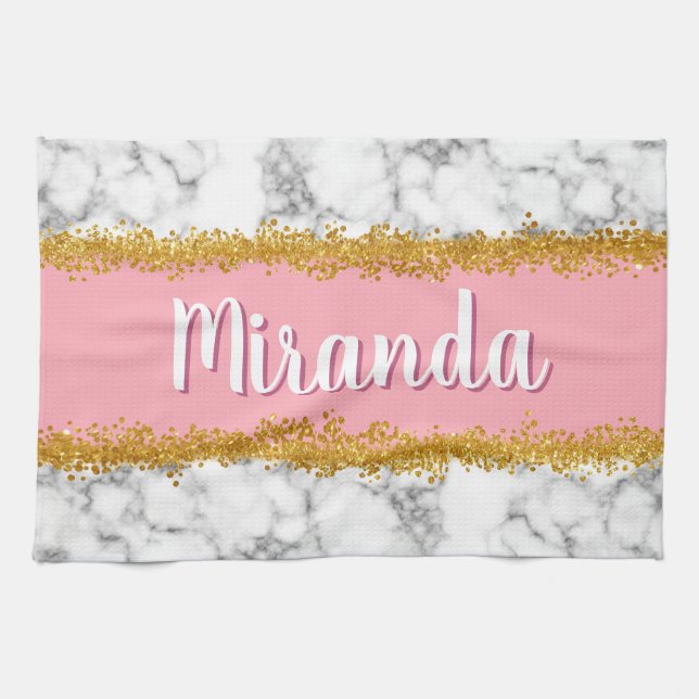 Marble Mönster vid Rosa med Guld Glitter Kökshandduk (Horisontell)