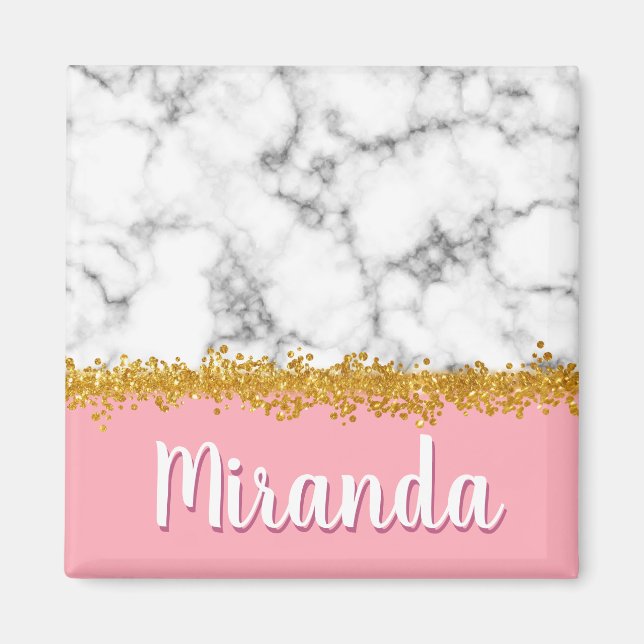 Marble Mönster vid Rosa med Guld Glitter Magnet (Framsidan)