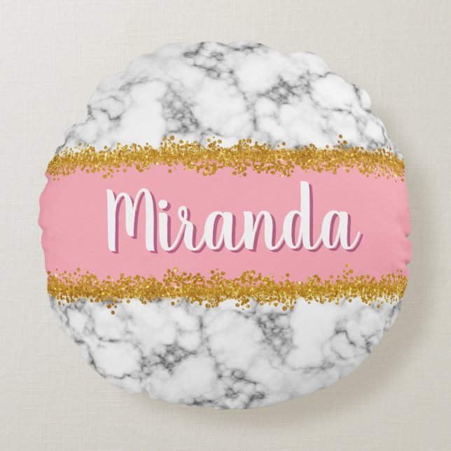 Marble Mönster vid Rosa med Guld Glitter Rund Kudde (Framsidan)