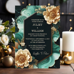 Marble Monstera Emerald Grönt och Guld Bröllop Inbjudningar