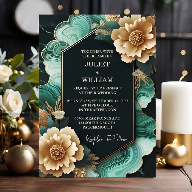 Marble Monstera Emerald Grönt och Guld Bröllop Inbjudningar (Skapare uppladdad)