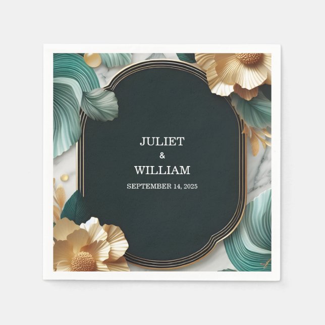 Marble Monstera Emerald Grönt och Guld Bröllop Pappersservett (Framsidan)