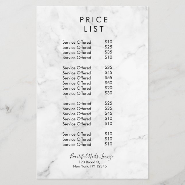 Marble Nail Salon Pris List Menu Flyer (Framsidan)