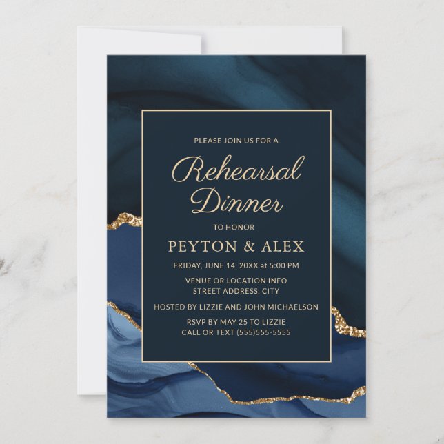 Marble Navy Blue Guld Elegant Rehearsal Middag Inbjudningar (Framsida)
