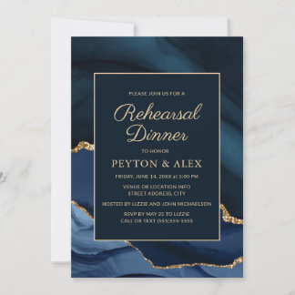 Marble Navy Blue Guld Elegant Rehearsal Middag Inbjudningar