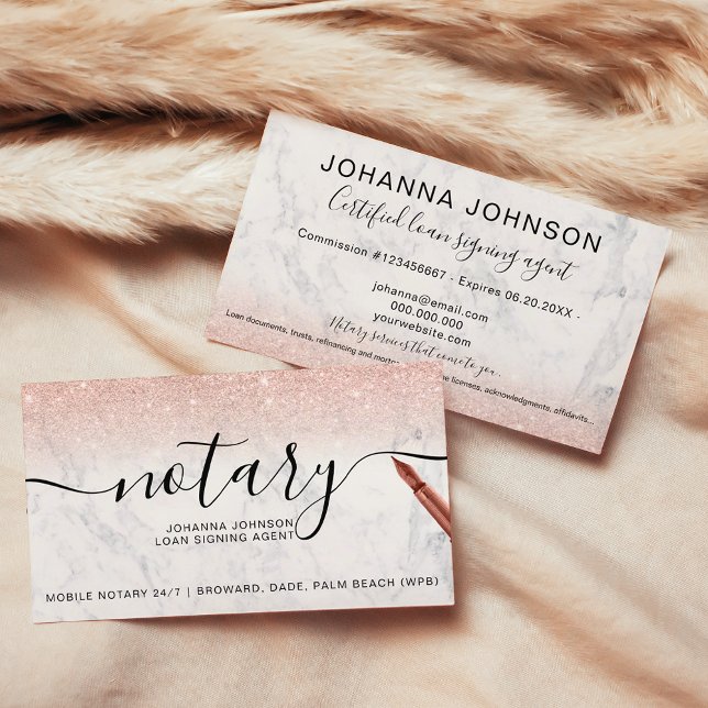 Marble Notary-lån, typografi ro guld glitter Visitkort (Marble Notary loan typography rose gold glitter Business Card)